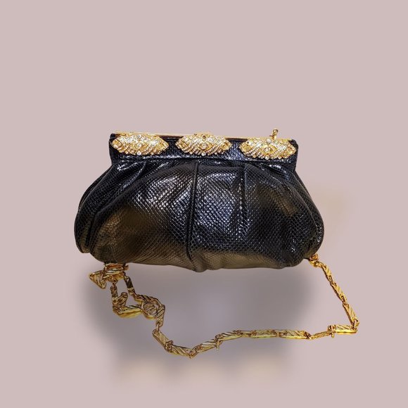 Carlo Fiori Leather Python Clutch With Gold Chain and Rhinestones - Picture 5 of 7